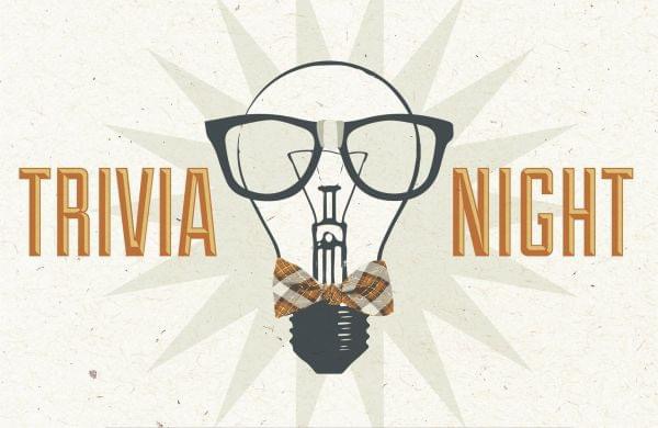 Graphic for Trivia Night in Santa Fe. An image of a lightbulb weating eyeglasses with the words Trivia on the left side and night on the right side of the light bulg